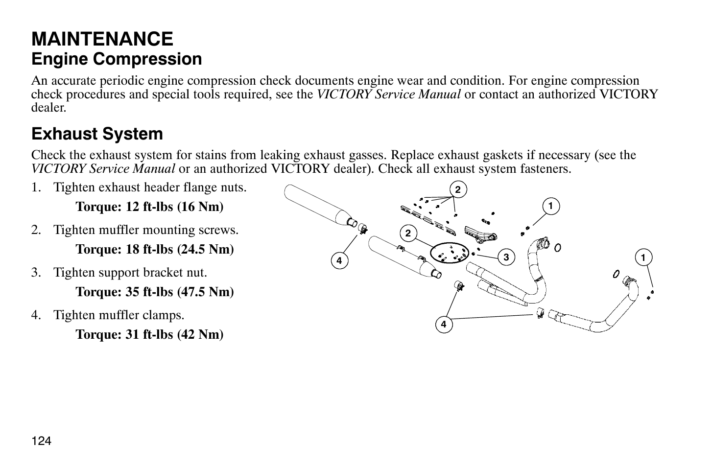 Maintenance, Engine compression, Exhaust system | Polaris 2009 Victory Vegas Jackpot User Manual | Page 129 / 171