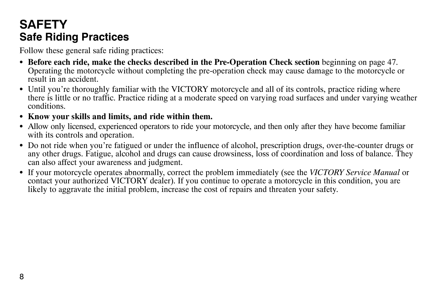 Safety, Safe riding practices | Polaris 2009 Victory Vegas Jackpot User Manual | Page 13 / 171