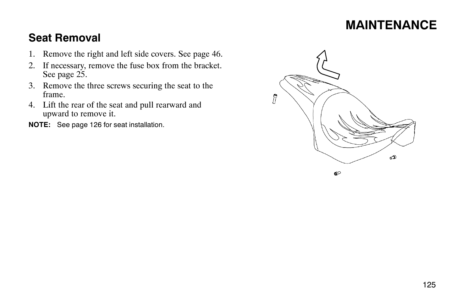 Maintenance, Seat removal | Polaris 2009 Victory Vegas Jackpot User Manual | Page 130 / 171