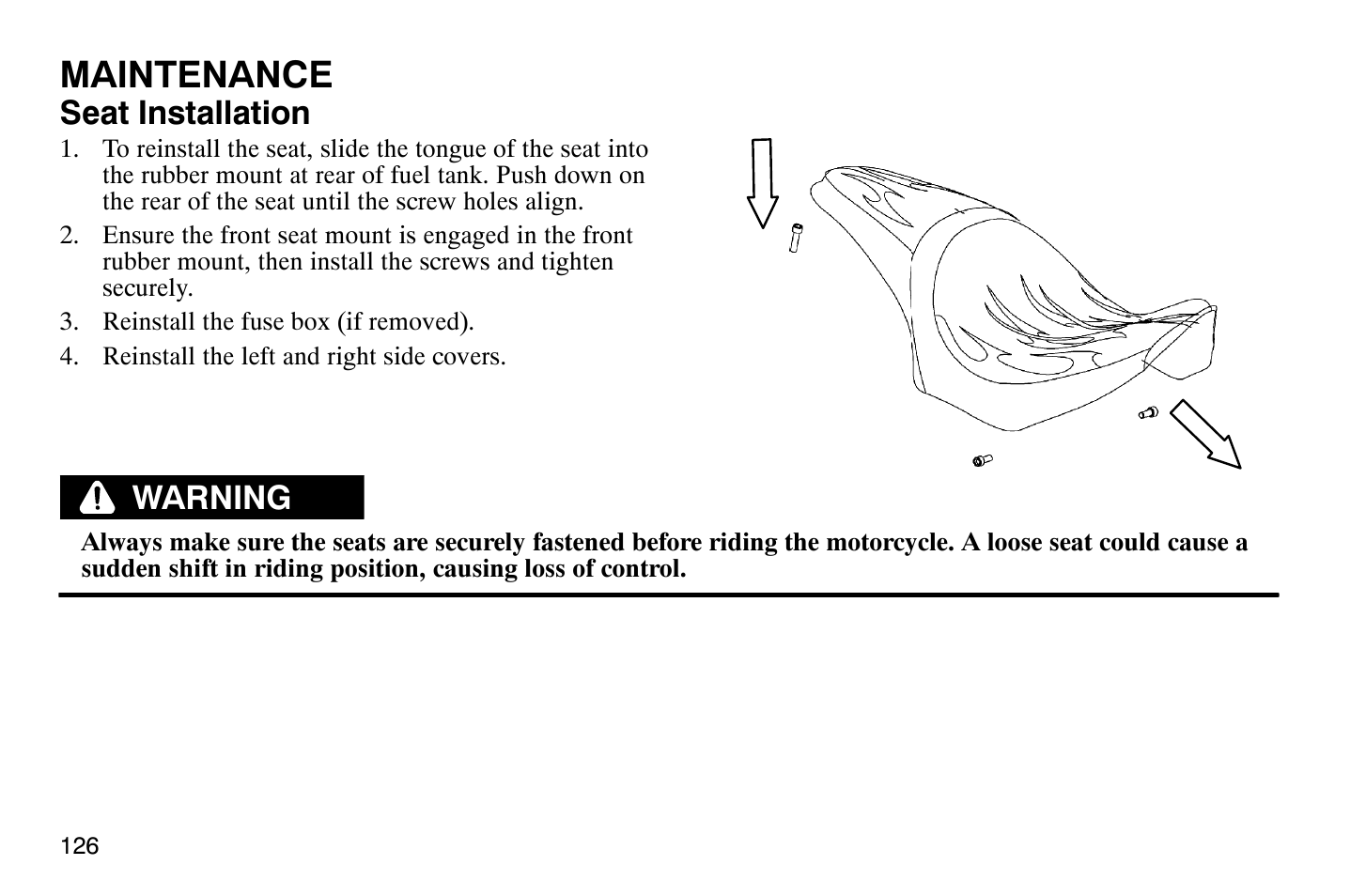 Maintenance, Seat installation, Warning | Polaris 2009 Victory Vegas Jackpot User Manual | Page 131 / 171