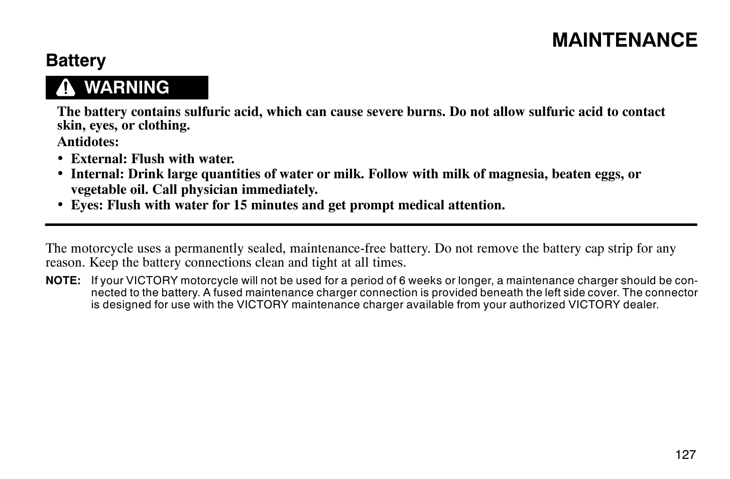 Maintenance, Battery, Warning | Polaris 2009 Victory Vegas Jackpot User Manual | Page 132 / 171