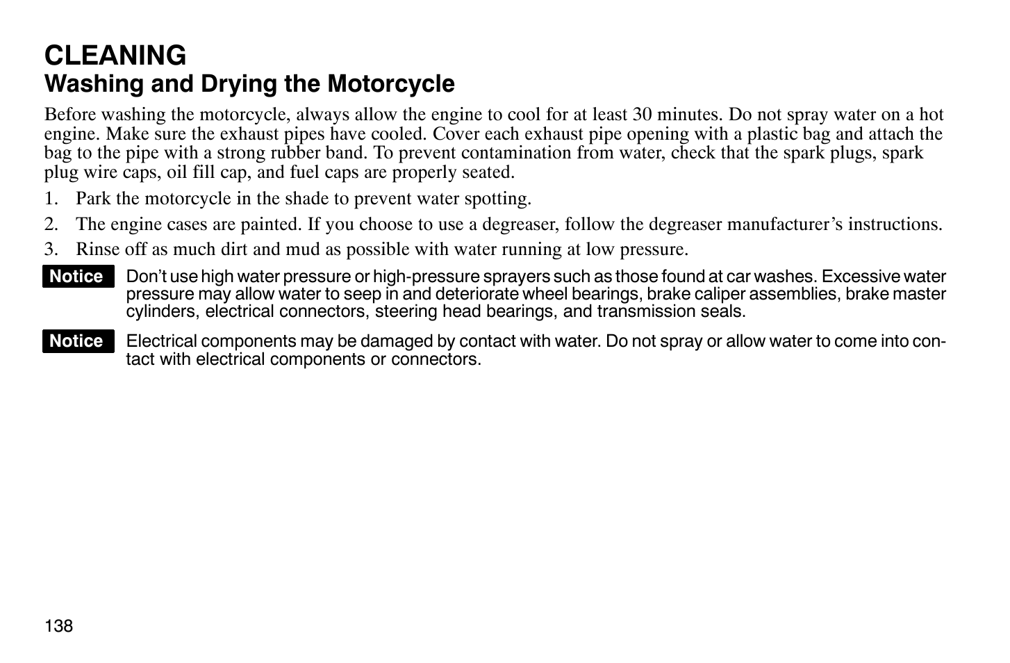 Cleaning, Washing and drying the motorcycle | Polaris 2009 Victory Vegas Jackpot User Manual | Page 143 / 171