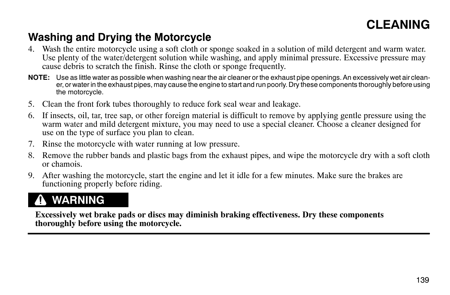 Cleaning, Washing and drying the motorcycle, Warning | Polaris 2009 Victory Vegas Jackpot User Manual | Page 144 / 171