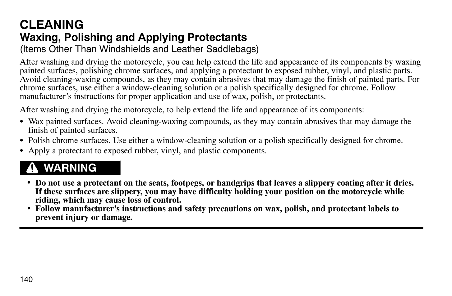 Cleaning, Waxing, polishing and applying protectants, Warning | Polaris 2009 Victory Vegas Jackpot User Manual | Page 145 / 171