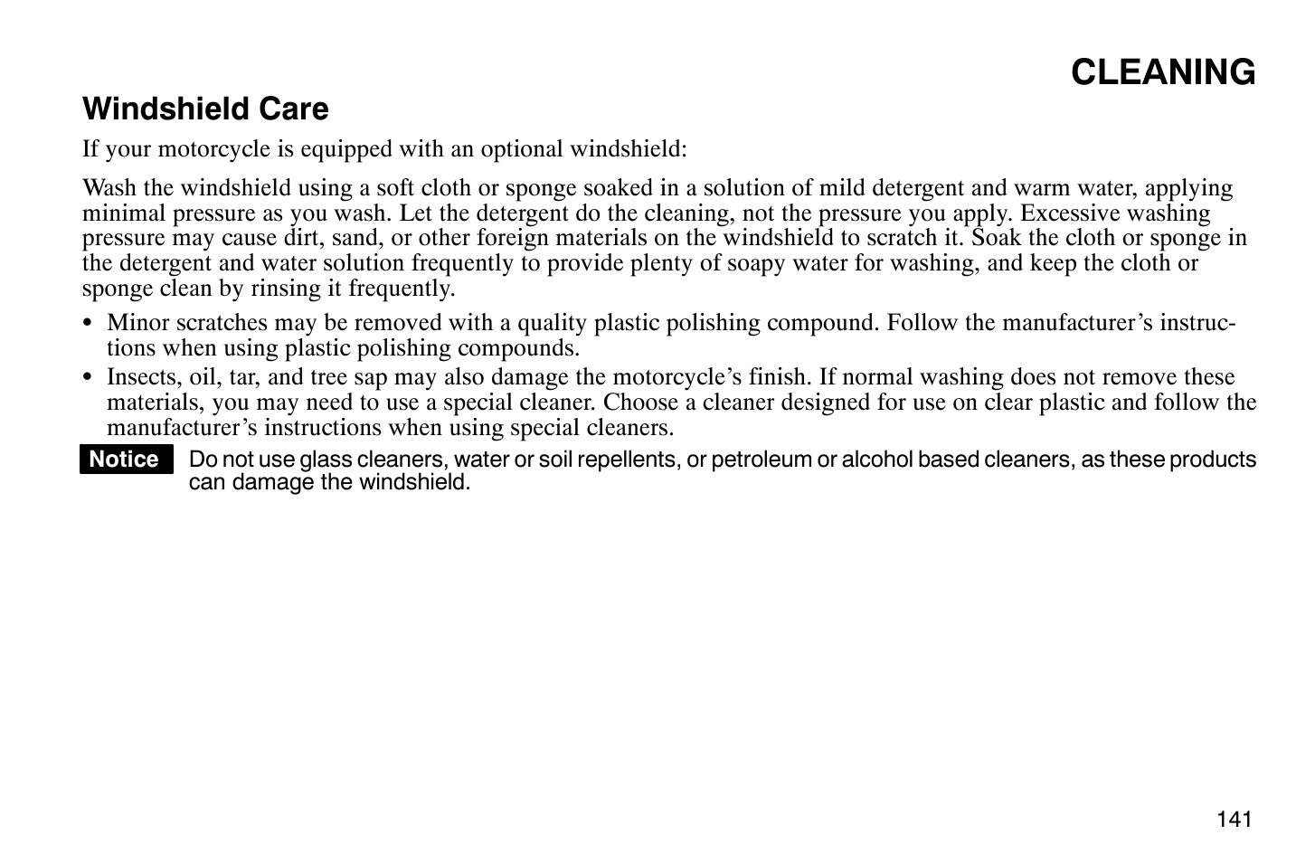 Cleaning, Windshield care | Polaris 2009 Victory Vegas Jackpot User Manual | Page 146 / 171