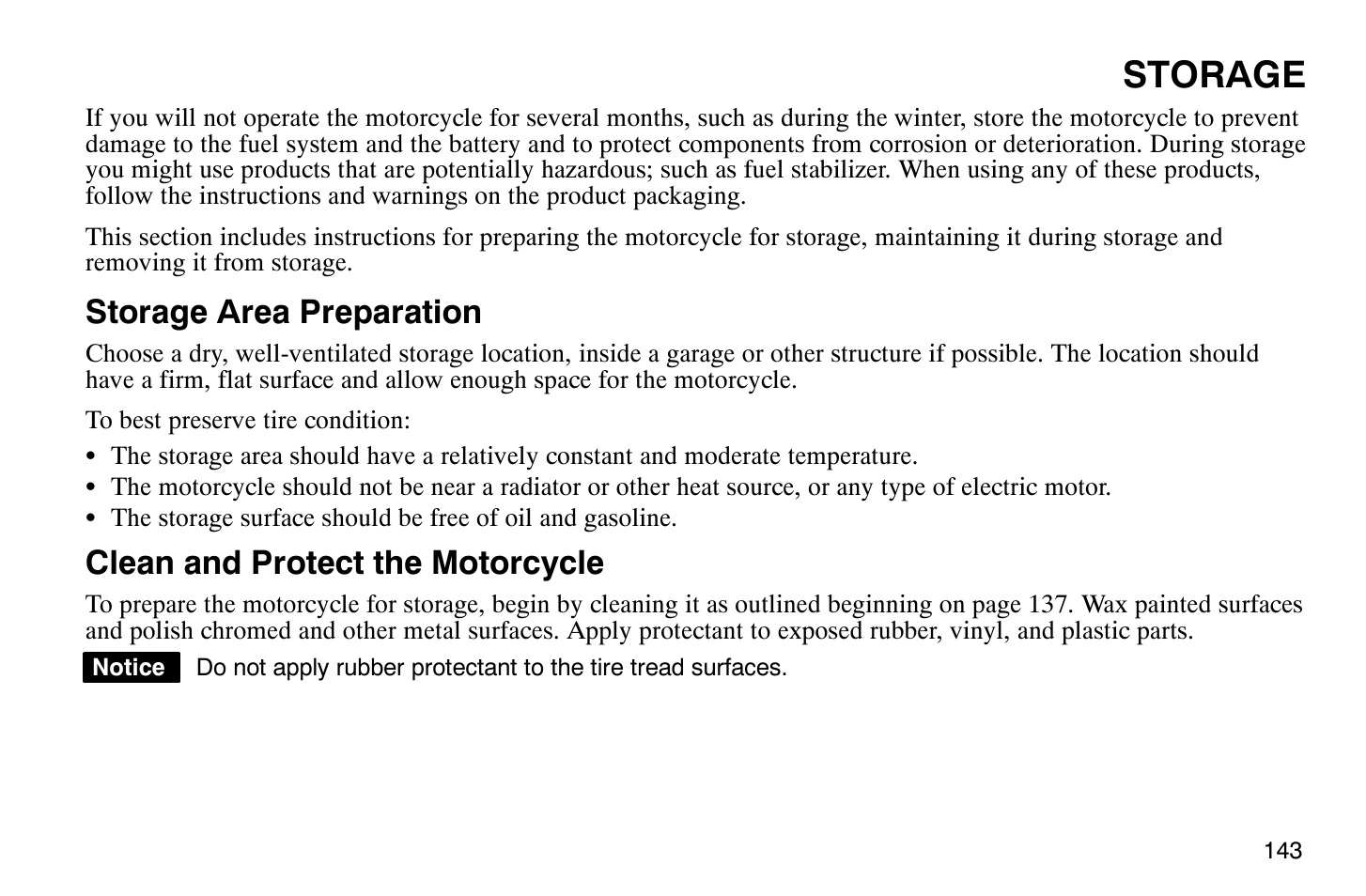 Storage, Storage area preparation, Clean and protect the motorcycle | Polaris 2009 Victory Vegas Jackpot User Manual | Page 148 / 171