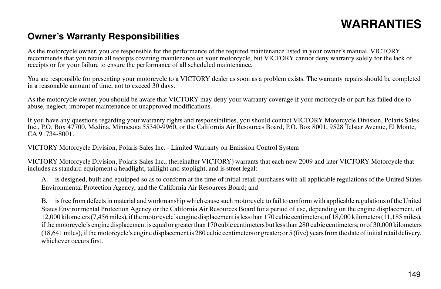 Warranties, Owner’s warranty responsibilities | Polaris 2009 Victory Vegas Jackpot User Manual | Page 154 / 171