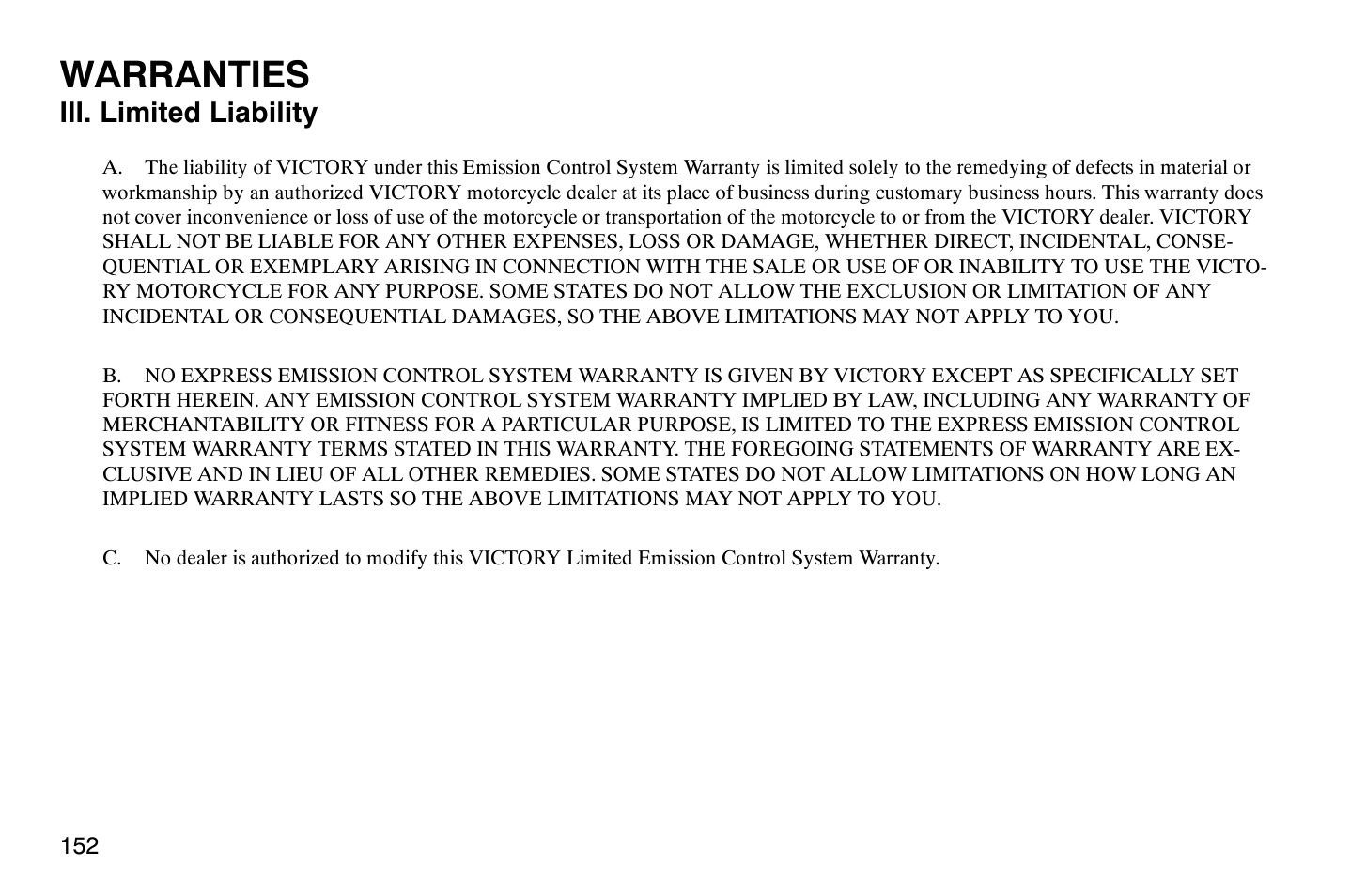 Warranties | Polaris 2009 Victory Vegas Jackpot User Manual | Page 157 / 171