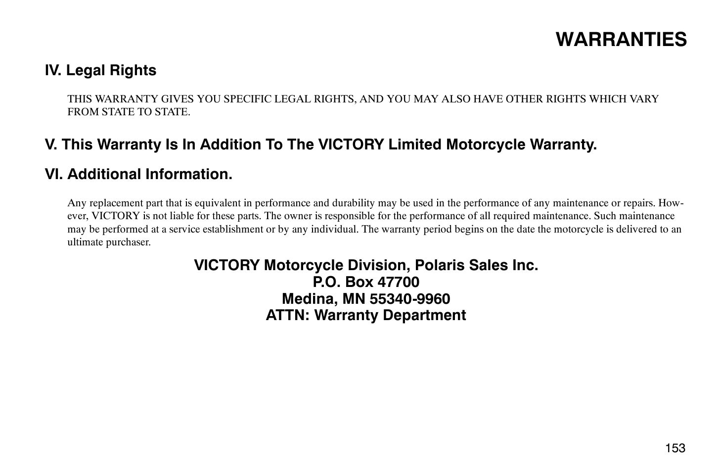 Warranties | Polaris 2009 Victory Vegas Jackpot User Manual | Page 158 / 171