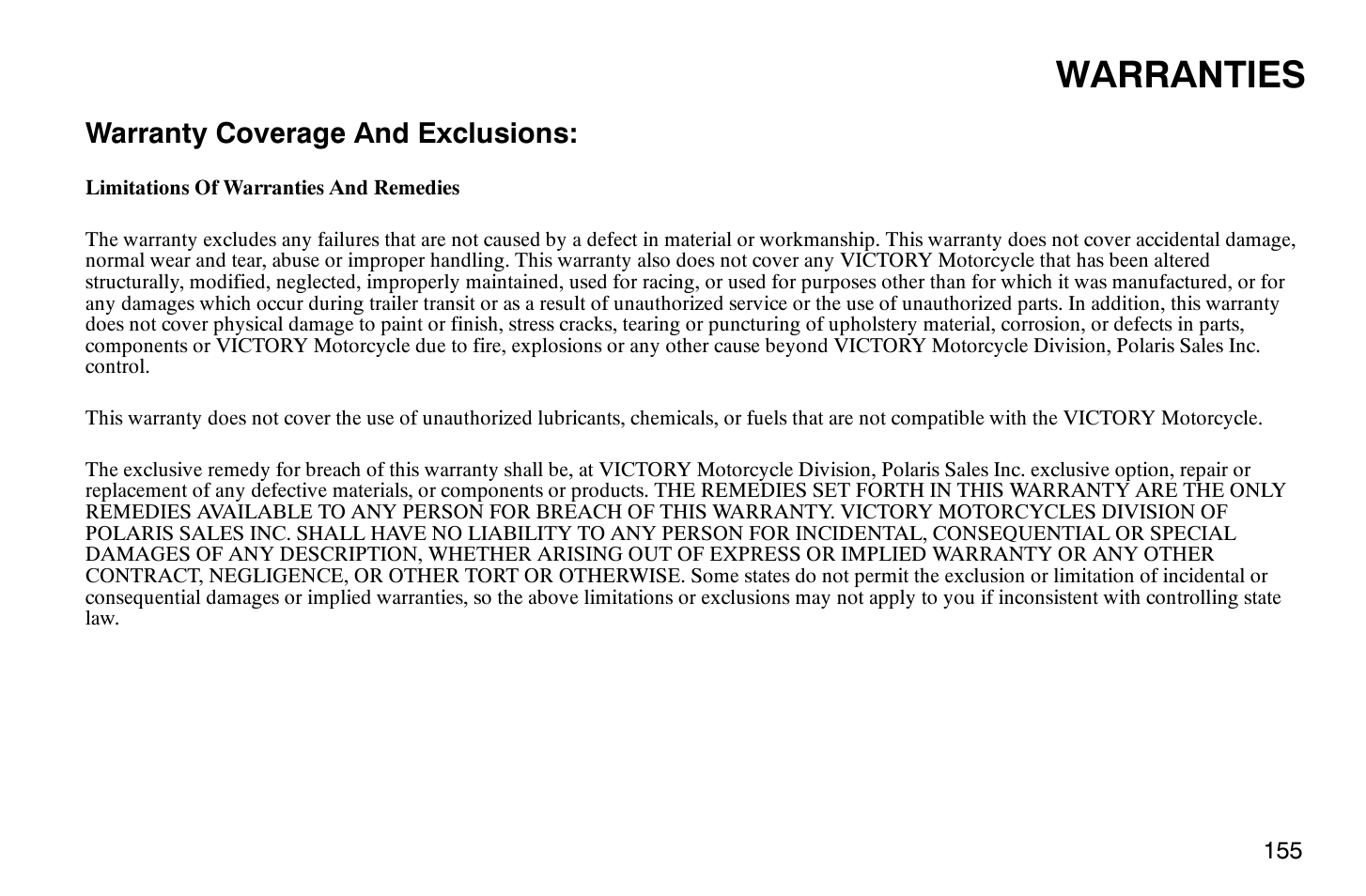 Warranties, Warranty coverage and exclusions | Polaris 2009 Victory Vegas Jackpot User Manual | Page 160 / 171