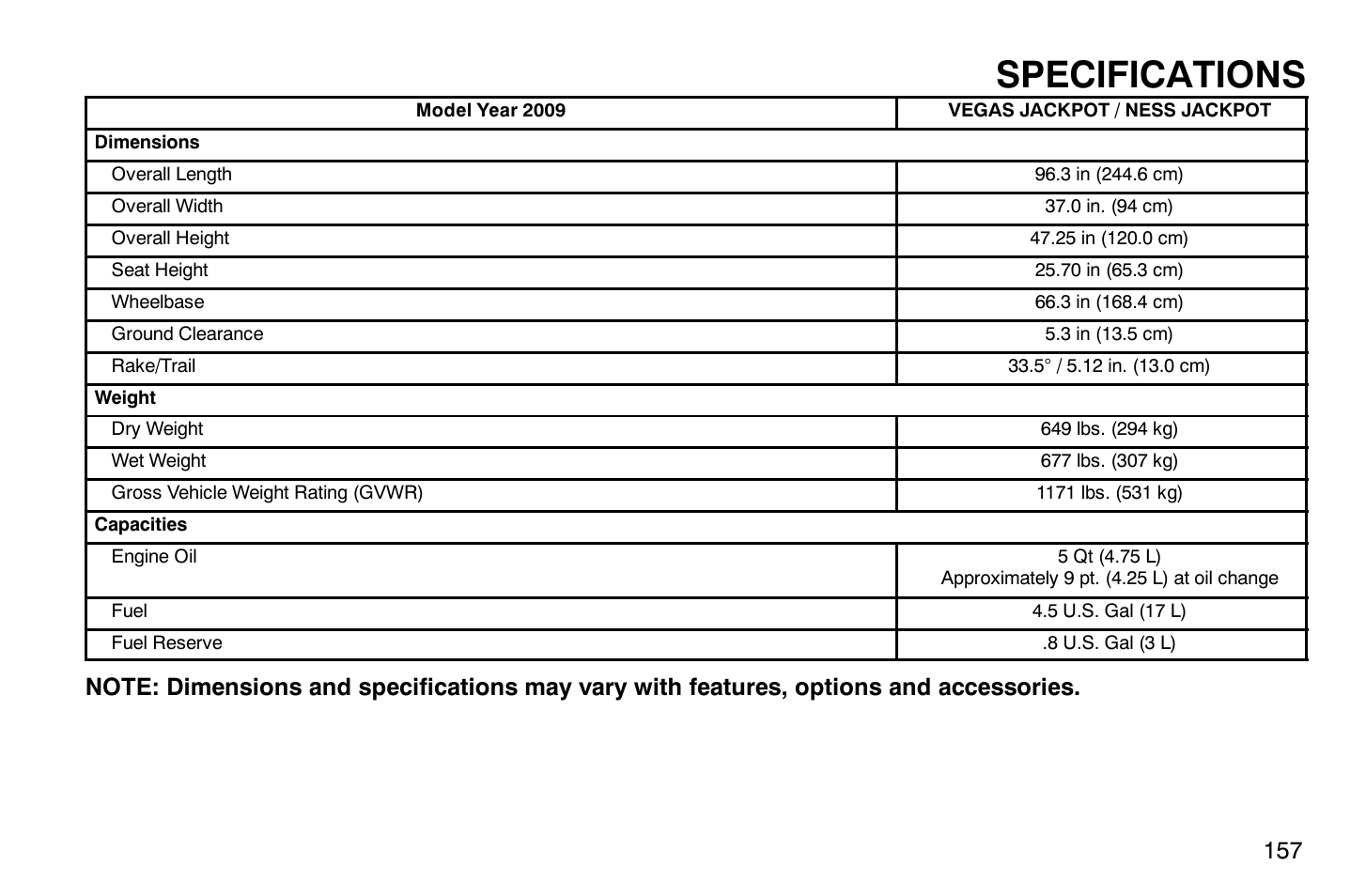 Specifications | Polaris 2009 Victory Vegas Jackpot User Manual | Page 162 / 171