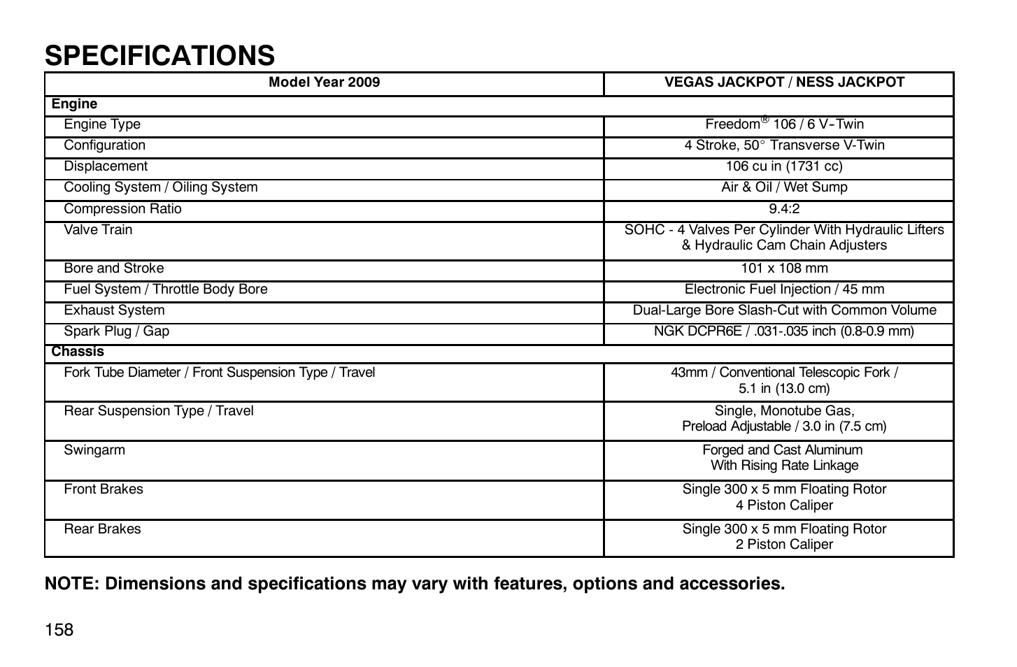 Specifications | Polaris 2009 Victory Vegas Jackpot User Manual | Page 163 / 171