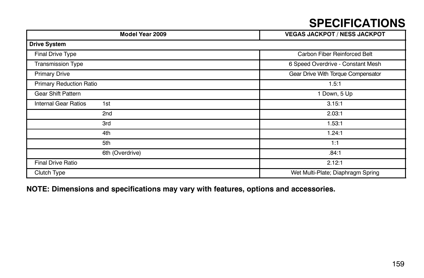 Specifications | Polaris 2009 Victory Vegas Jackpot User Manual | Page 164 / 171