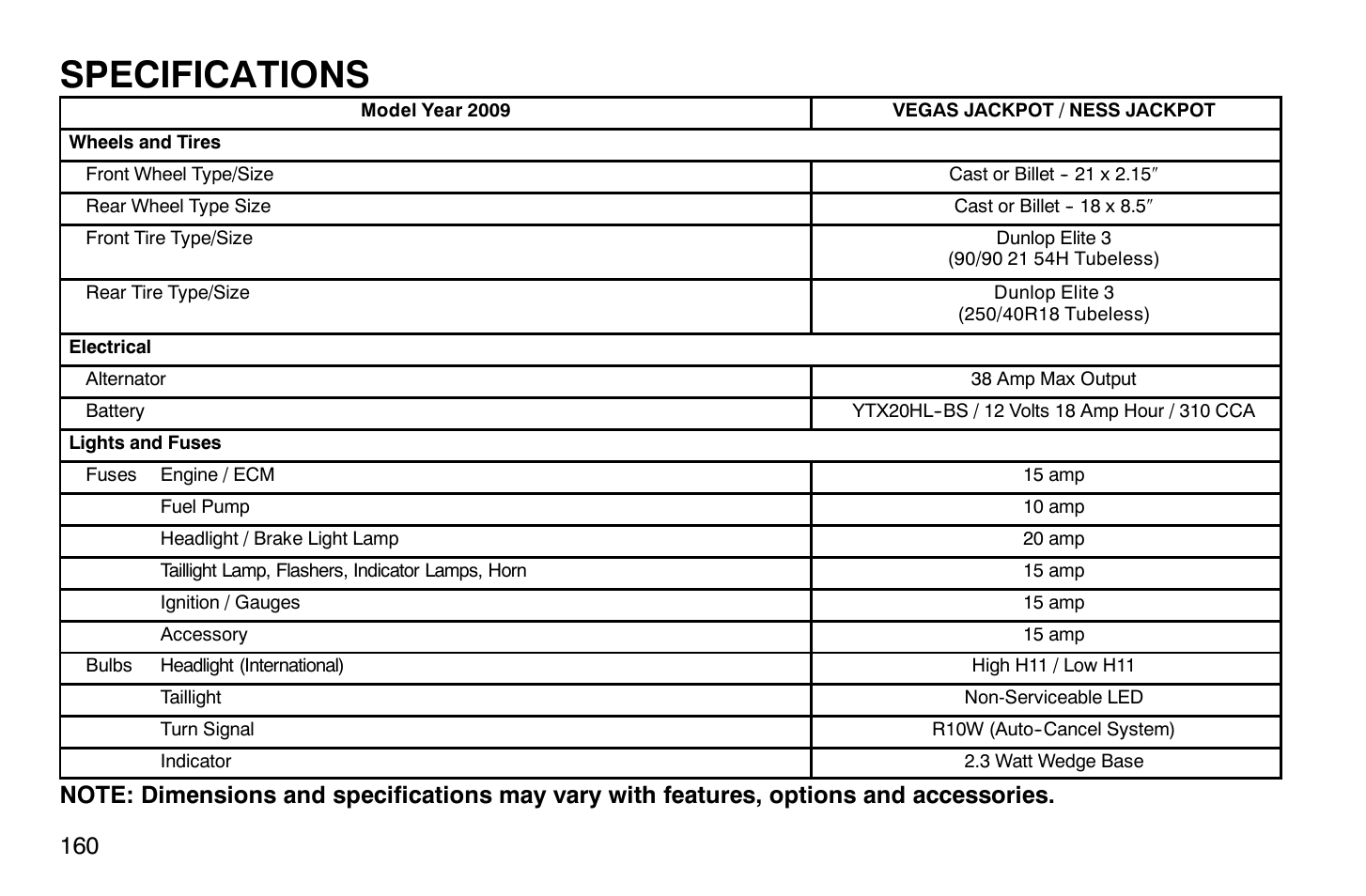 Specifications | Polaris 2009 Victory Vegas Jackpot User Manual | Page 165 / 171