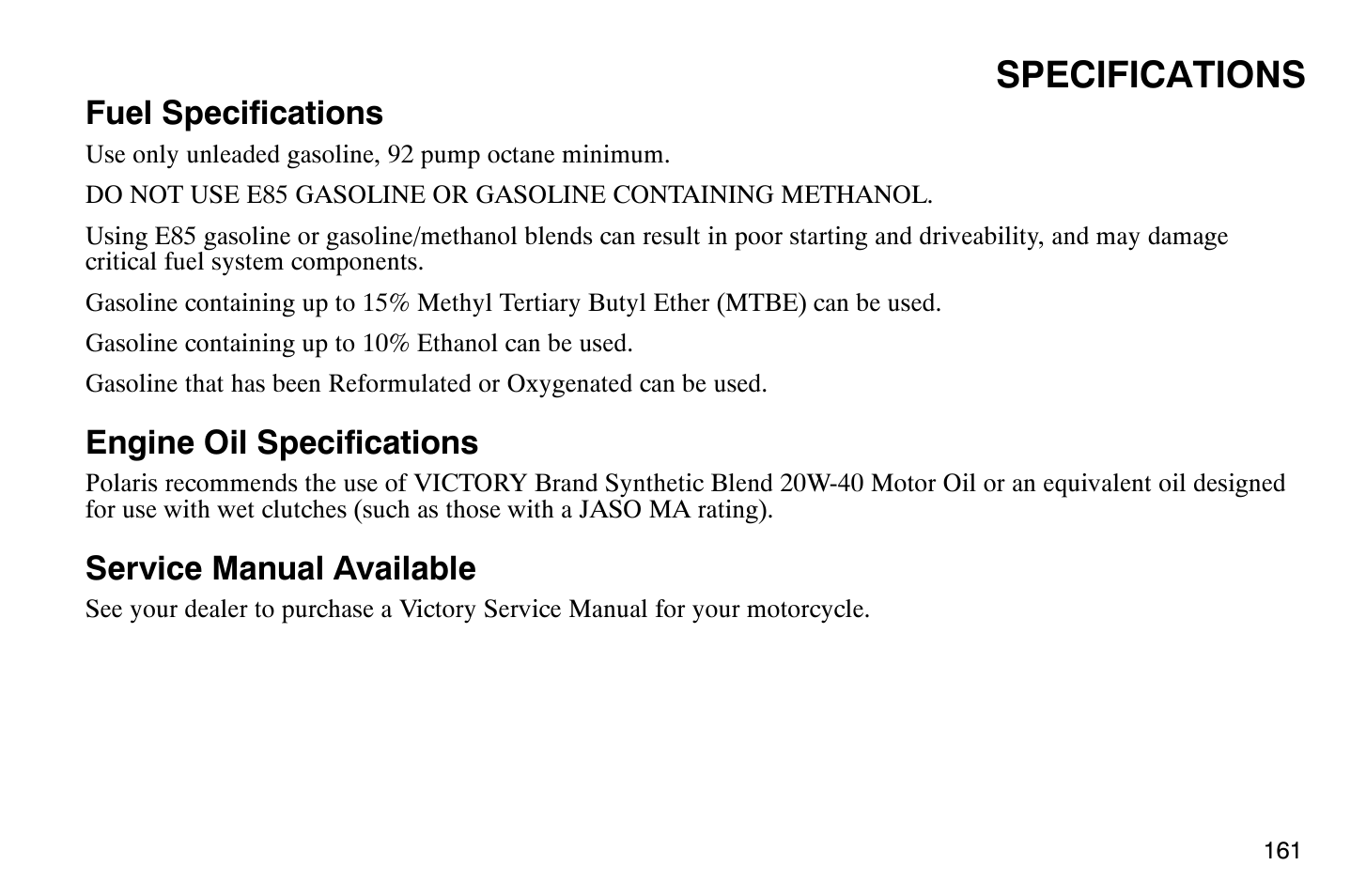 Specifications | Polaris 2009 Victory Vegas Jackpot User Manual | Page 166 / 171