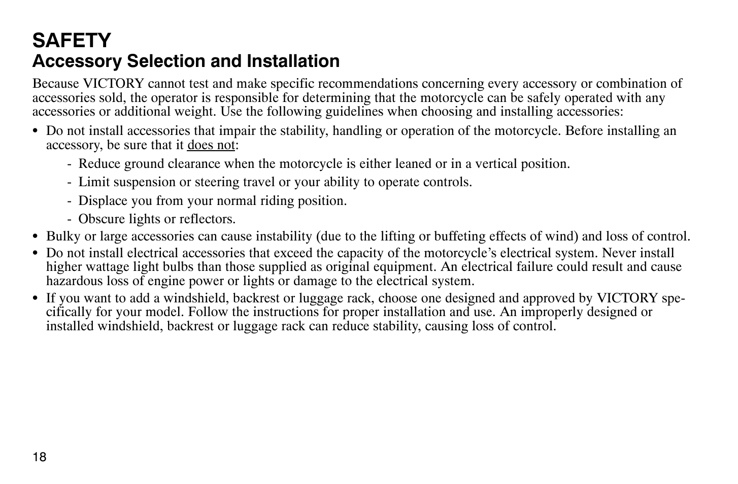 Safety, Accessory selection and installation | Polaris 2009 Victory Vegas Jackpot User Manual | Page 23 / 171