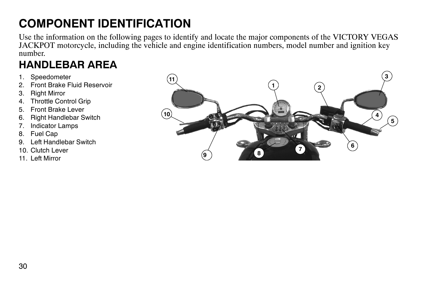 Component identification, Handlebar area | Polaris 2009 Victory Vegas Jackpot User Manual | Page 35 / 171