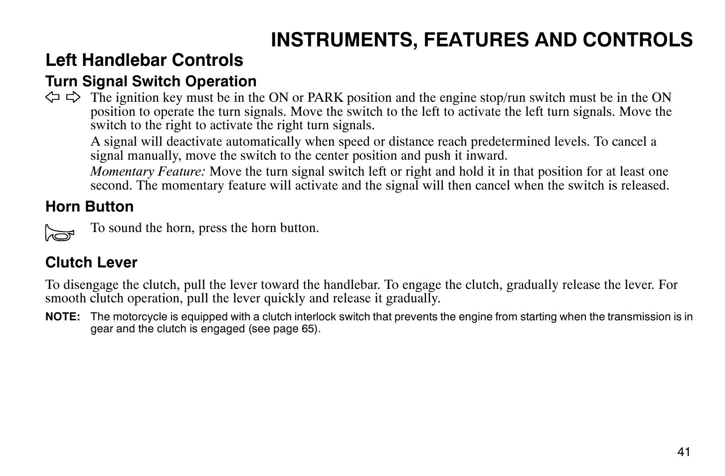 Instruments, features and controls, Left handlebar controls | Polaris 2009 Victory Vegas Jackpot User Manual | Page 46 / 171