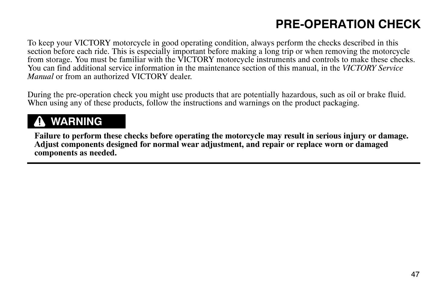 Pre-operation check, Warning | Polaris 2009 Victory Vegas Jackpot User Manual | Page 52 / 171