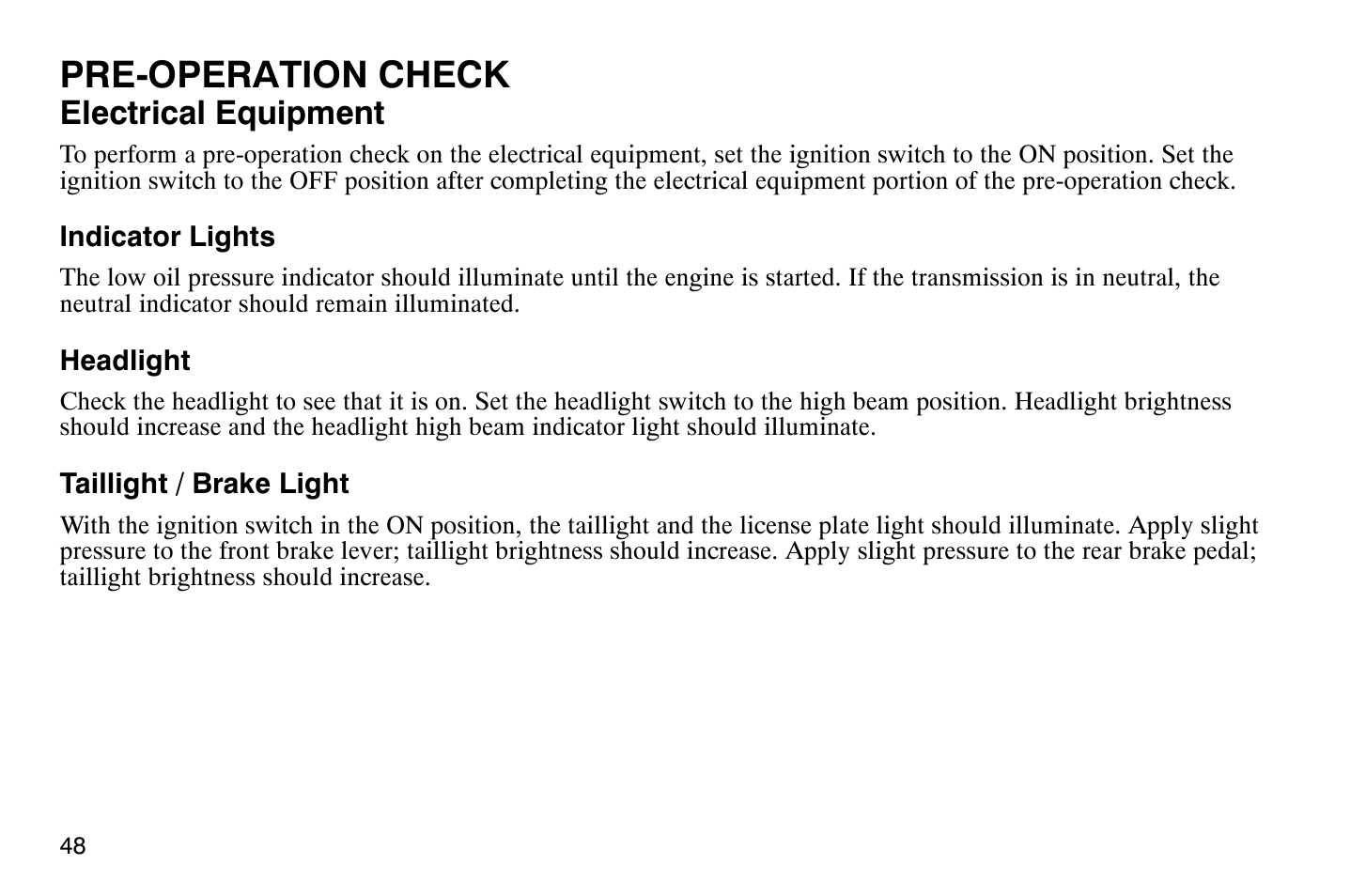 Pre-operation check, Electrical equipment | Polaris 2009 Victory Vegas Jackpot User Manual | Page 53 / 171