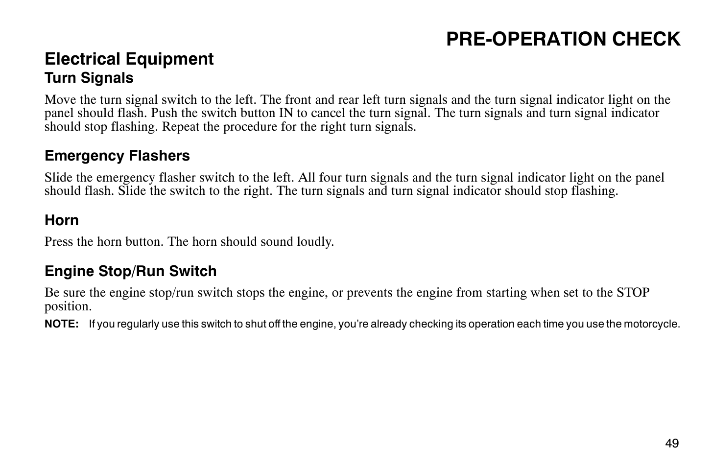 Pre-operation check, Electrical equipment | Polaris 2009 Victory Vegas Jackpot User Manual | Page 54 / 171