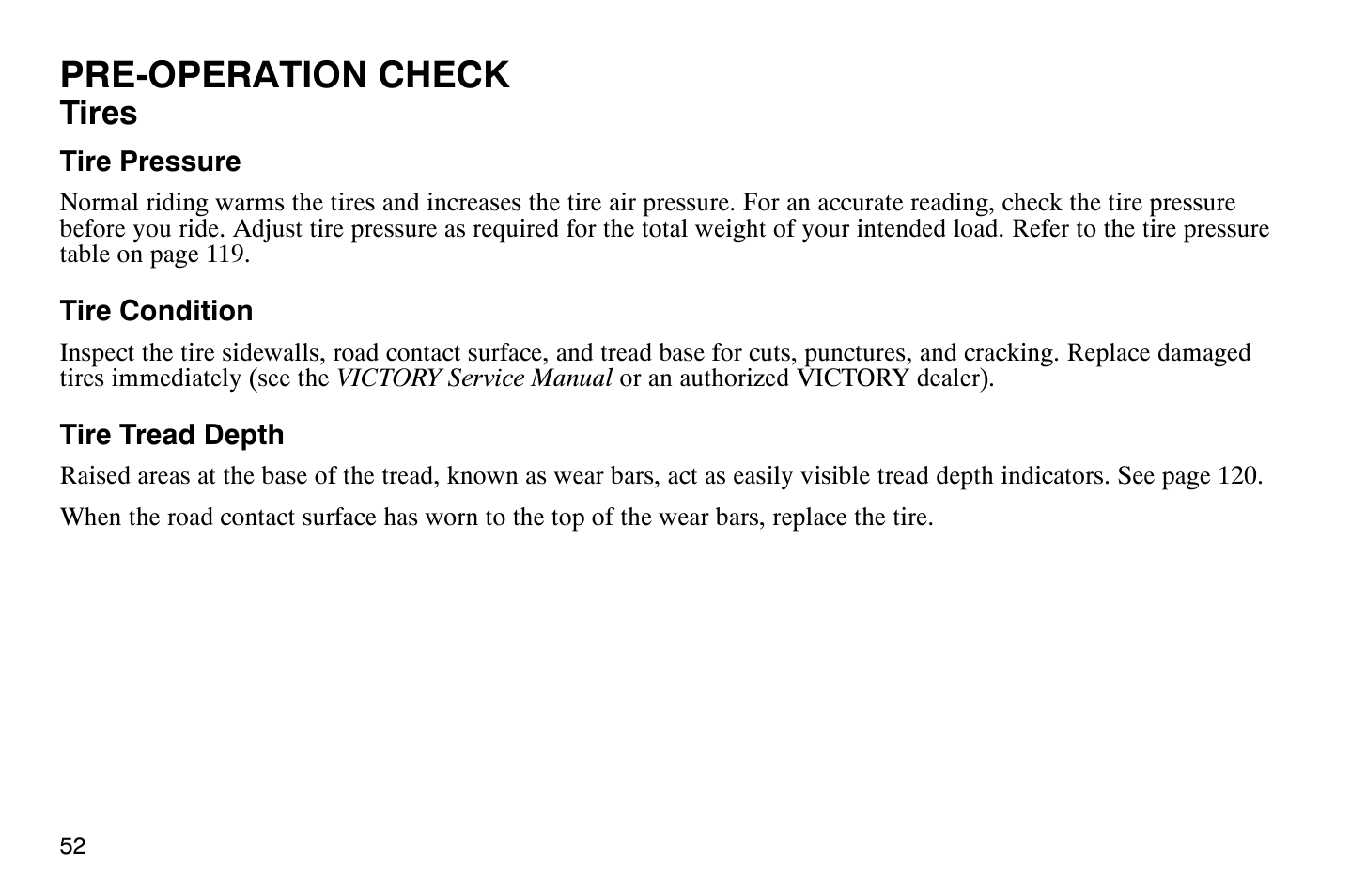 Pre-operation check, Tires | Polaris 2009 Victory Vegas Jackpot User Manual | Page 57 / 171