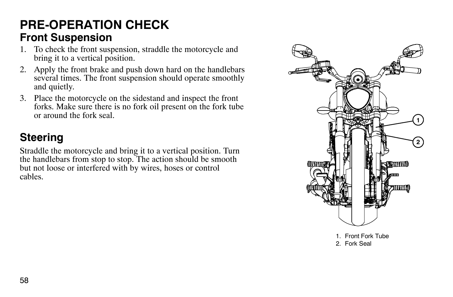 Pre-operation check, Front suspension, Steering | Polaris 2009 Victory Vegas Jackpot User Manual | Page 63 / 171