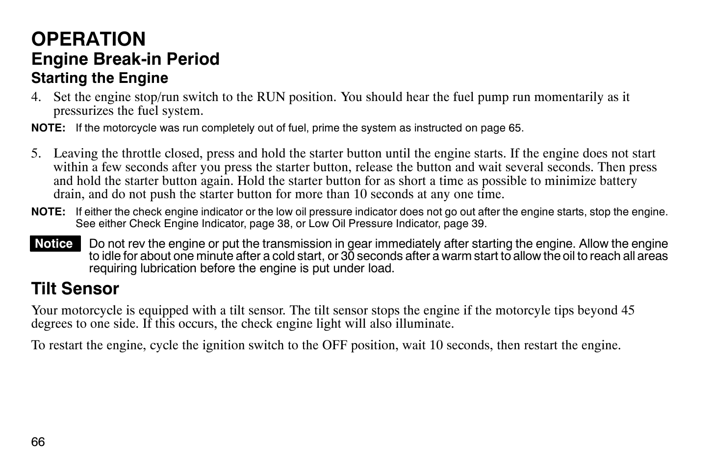 Operation, Engine break-in period, Tilt sensor | Polaris 2009 Victory Vegas Jackpot User Manual | Page 71 / 171