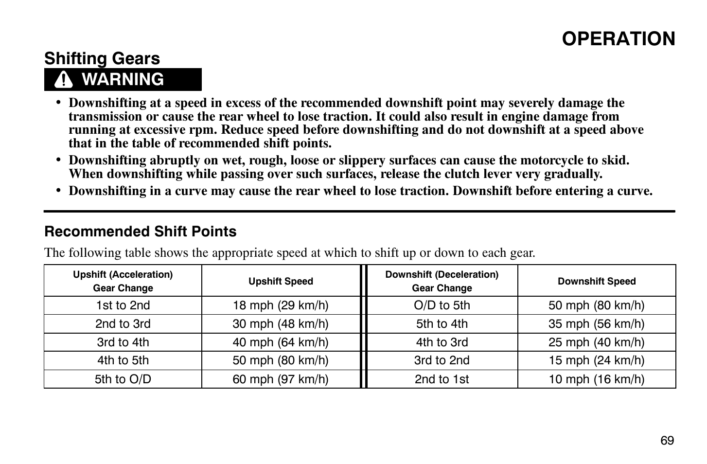 Operation, Shifting gears, Warning | Polaris 2009 Victory Vegas Jackpot User Manual | Page 74 / 171