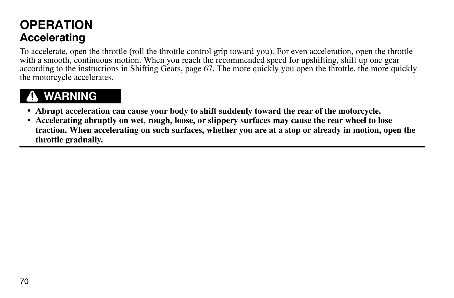 Operation, Accelerating, Warning | Polaris 2009 Victory Vegas Jackpot User Manual | Page 75 / 171