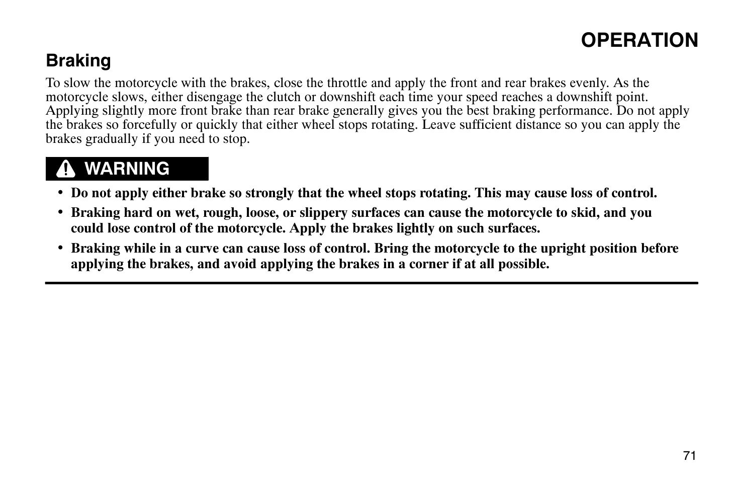 Operation, Braking, Warning | Polaris 2009 Victory Vegas Jackpot User Manual | Page 76 / 171