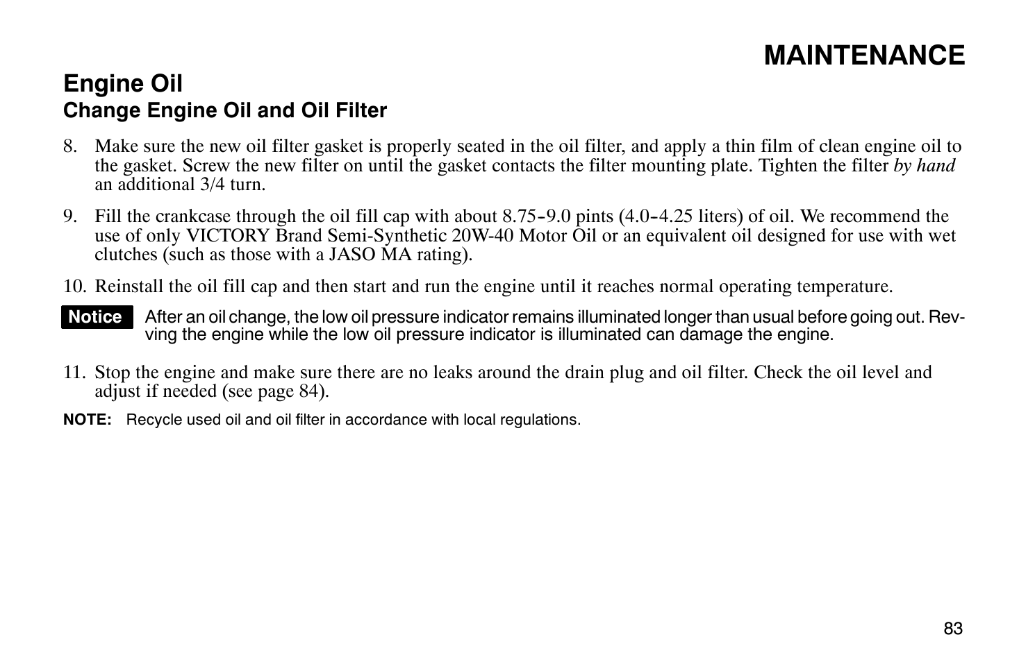 Maintenance, Engine oil | Polaris 2009 Victory Vegas Jackpot User Manual | Page 88 / 171