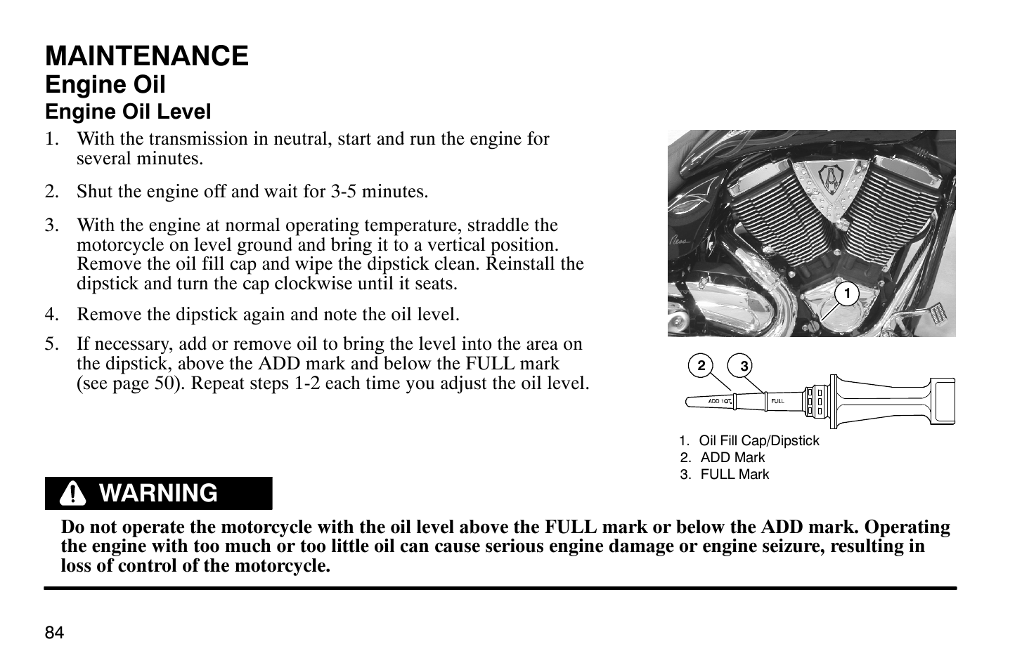 Maintenance, Engine oil, Warning | Polaris 2009 Victory Vegas Jackpot User Manual | Page 89 / 171