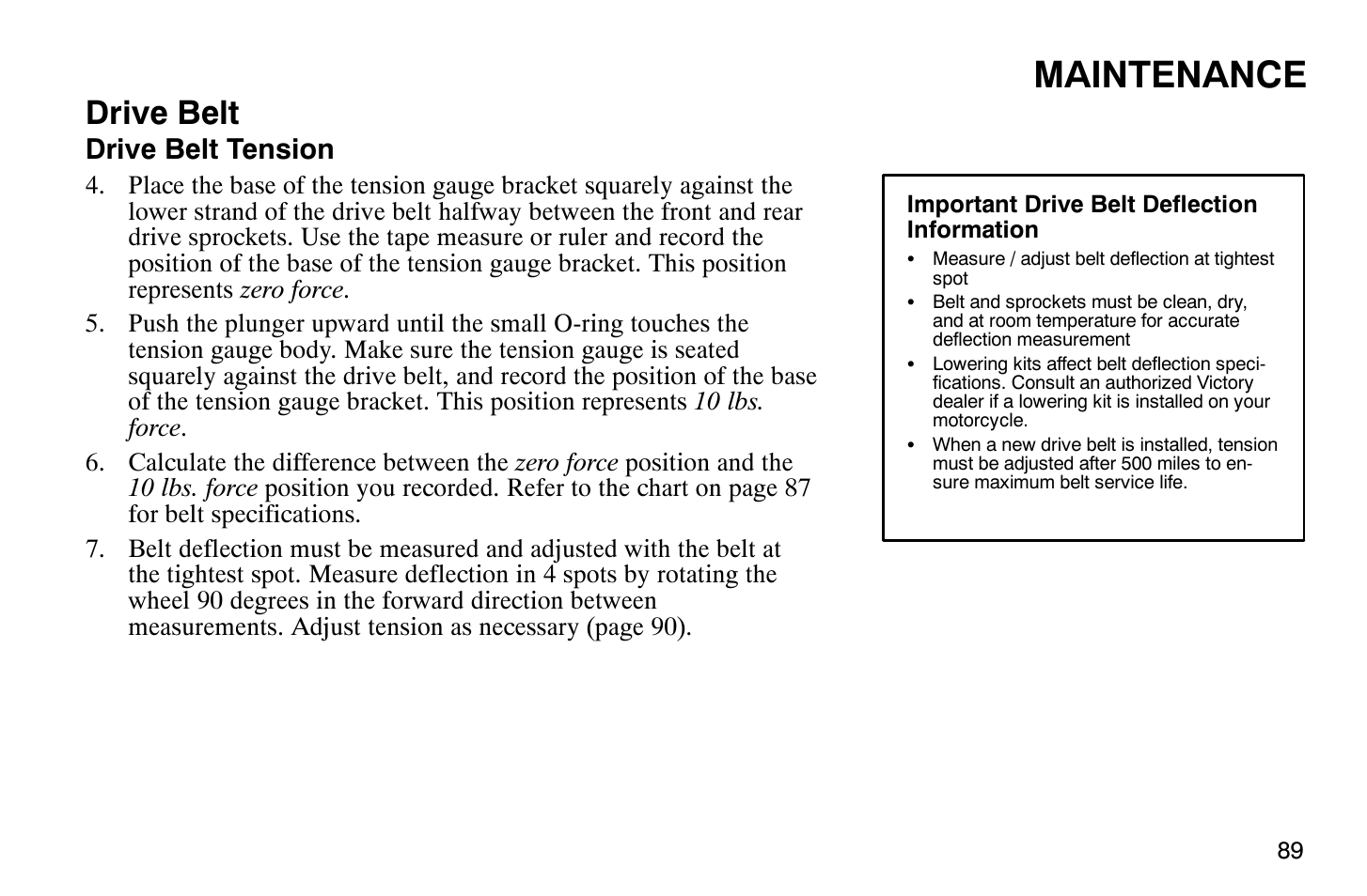 Maintenance, Drive belt, Drive belt tension | Polaris 2009 Victory Vegas Jackpot User Manual | Page 94 / 171