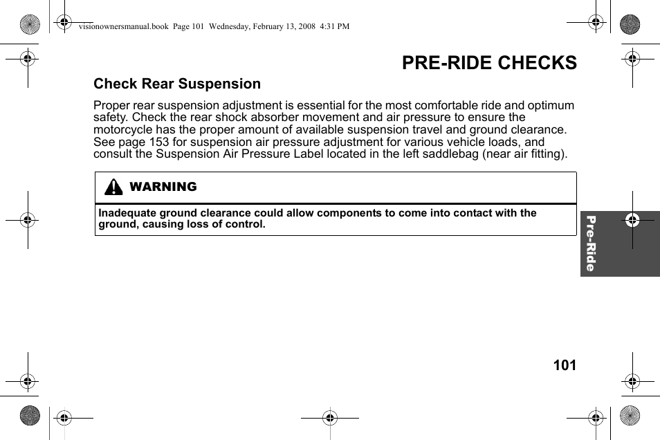 Pre-ride checks | Polaris 2009 Victory Victory Vision User Manual | Page 104 / 323