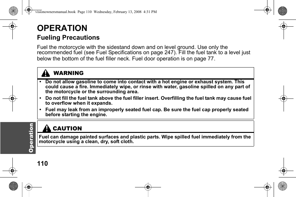 Operation, Fueling precautions | Polaris 2009 Victory Victory Vision User Manual | Page 113 / 323