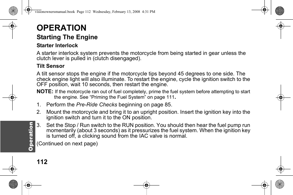 Operation, Starting the engine | Polaris 2009 Victory Victory Vision User Manual | Page 115 / 323