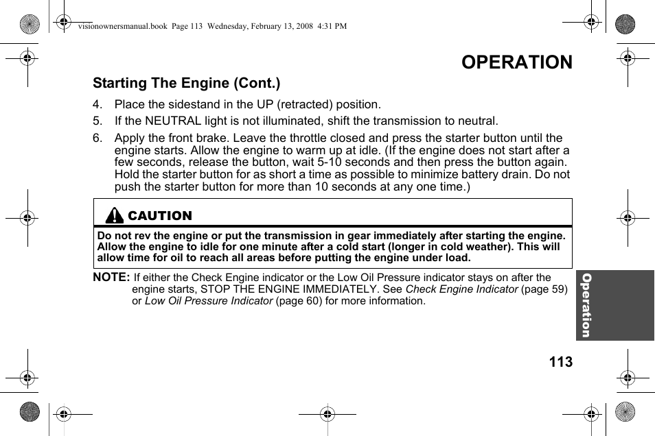 Operation, Starting the engine (cont.) | Polaris 2009 Victory Victory Vision User Manual | Page 116 / 323