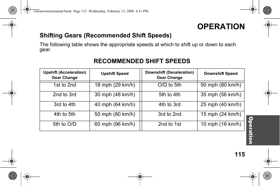 Operation, Shifting gears (recommended shift speeds), Recommended shift speeds | Polaris 2009 Victory Victory Vision User Manual | Page 118 / 323