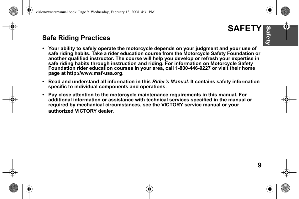 Safety, Safe riding practices | Polaris 2009 Victory Victory Vision User Manual | Page 12 / 323