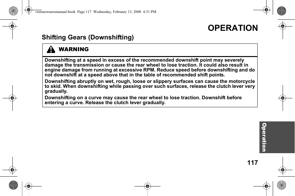 Operation, Shifting gears (downshifting) | Polaris 2009 Victory Victory Vision User Manual | Page 120 / 323