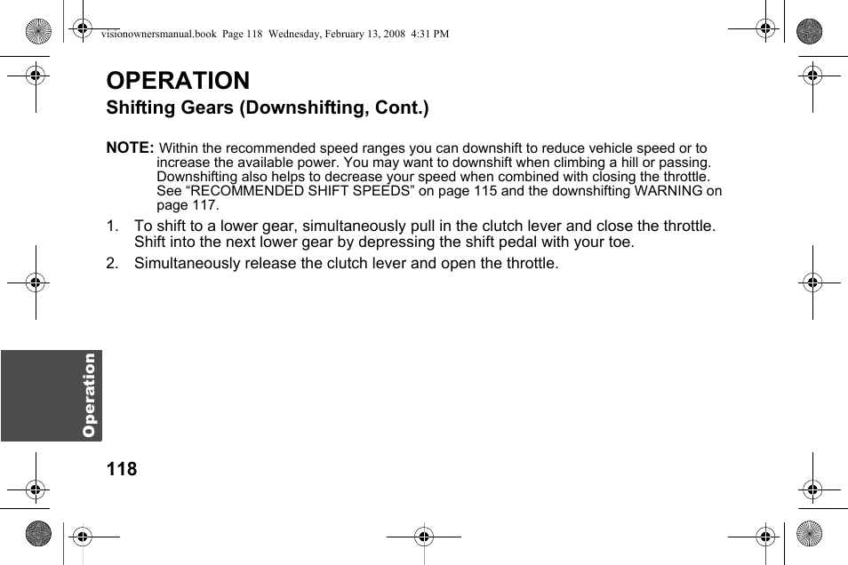 Operation, Shifting gears (downshifting, cont.) | Polaris 2009 Victory Victory Vision User Manual | Page 121 / 323