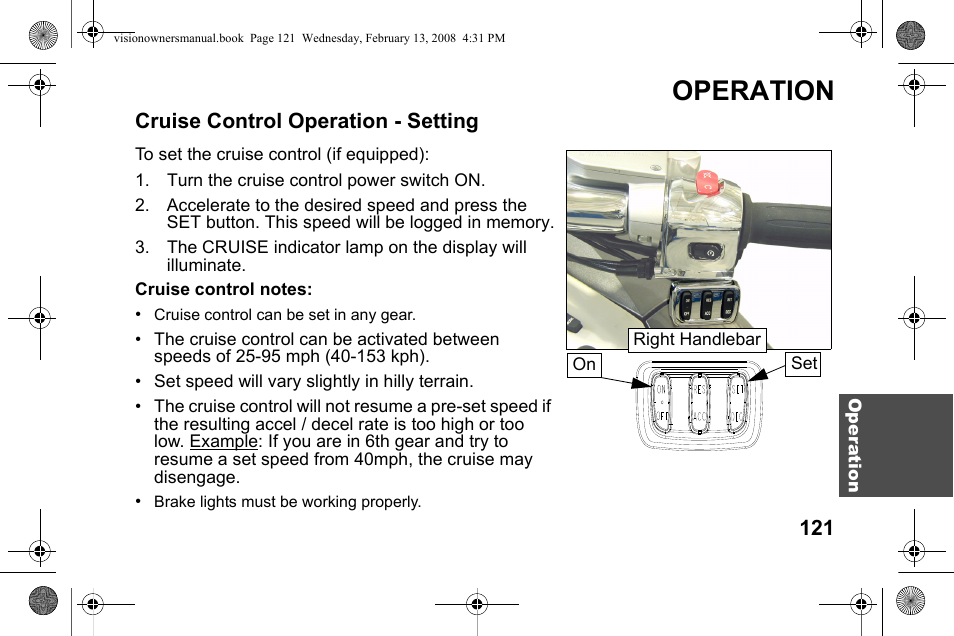 Operation, Cruise control operation - setting | Polaris 2009 Victory Victory Vision User Manual | Page 124 / 323