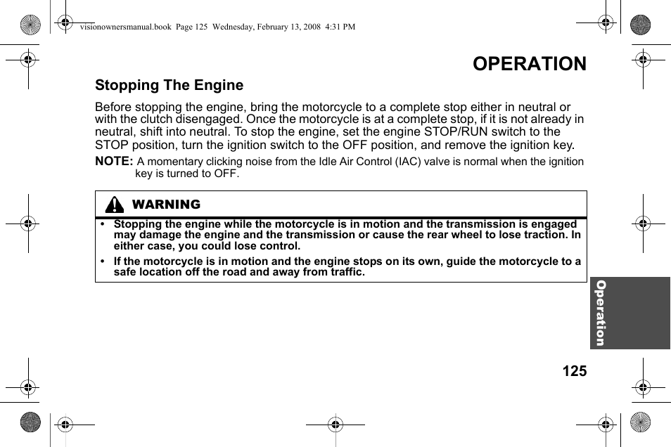 Operation, Stopping the engine | Polaris 2009 Victory Victory Vision User Manual | Page 128 / 323