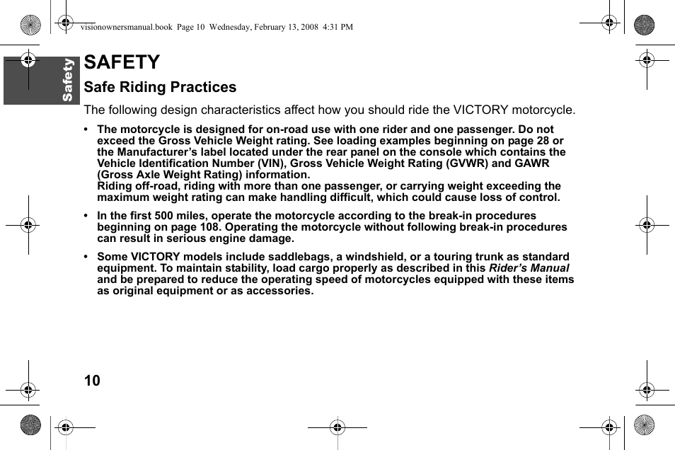 Safety, Safe riding practices | Polaris 2009 Victory Victory Vision User Manual | Page 13 / 323