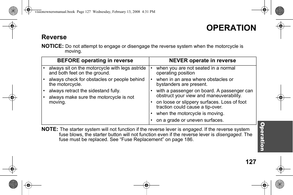 Operation, Reverse | Polaris 2009 Victory Victory Vision User Manual | Page 130 / 323