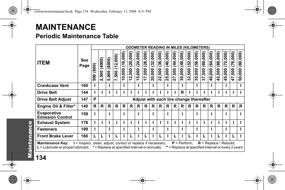 Maintenance, Periodic maintenance table | Polaris 2009 Victory Victory Vision User Manual | Page 137 / 323