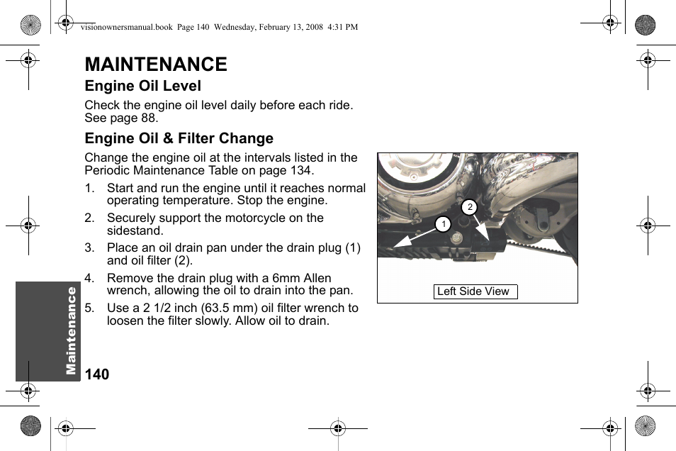 Maintenance, Engine oil level, Engine oil & filter change | Polaris 2009 Victory Victory Vision User Manual | Page 143 / 323