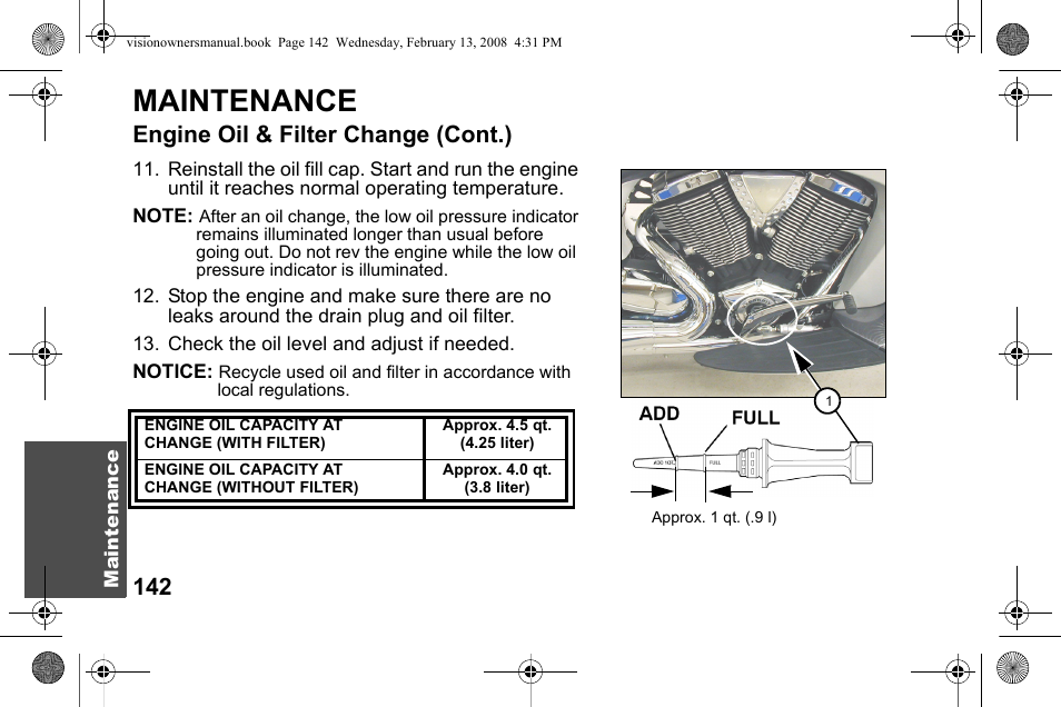 Maintenance, Engine oil & filter change (cont.) | Polaris 2009 Victory Victory Vision User Manual | Page 145 / 323