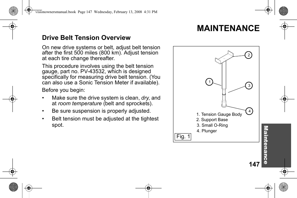 Maintenance, Drive belt tension overview | Polaris 2009 Victory Victory Vision User Manual | Page 150 / 323